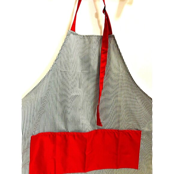 Flirty Unisex Full Apron Striped Blue Red 3 Pockets Adjustable Strap Cotton  New - Picture 2 of 9